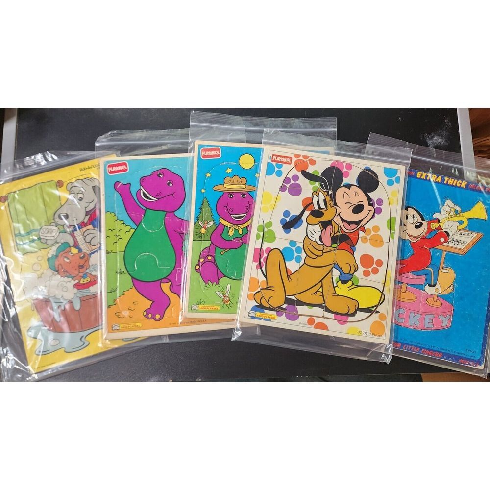 5-‎ Vintage Wooden Puzzles Playskool Mickey Pluto Barney & Friends + 1987 Tonka